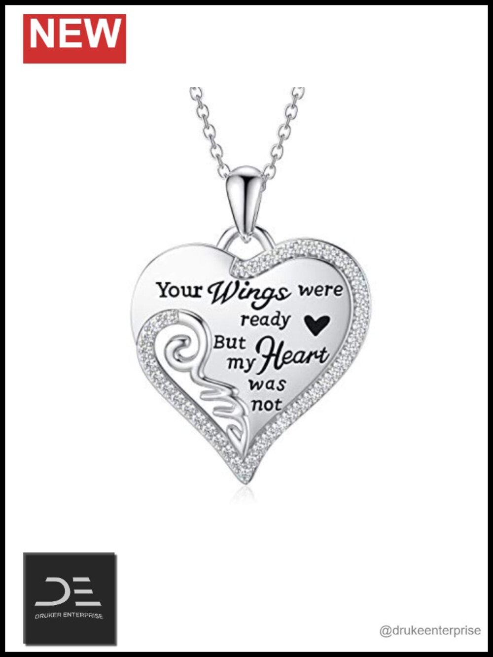 925 Sterling Silver Angel Wings Memorial Necklace Sympathy Gift Heart Pendant